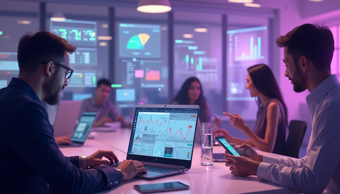Équipe collaborant avec des outils SaaS pour améliorer la productivité au bureau.