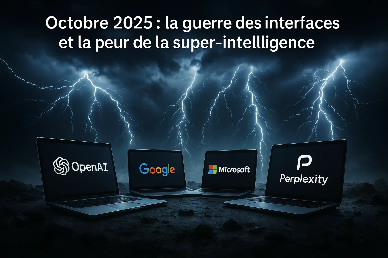 Illustration de la guerre des interfaces en octobre 2025, avec les ordinateurs d’OpenAI, Google, Microsoft et Perplexity sous un ciel orageux symbolisant la tension autour de la super-intelligence.
