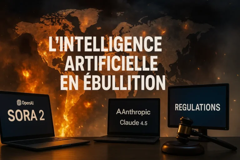 Carte du monde en flammes symbolisant l’intelligence artificielle en ébullition, avec les écrans d’OpenAI Sora 2, Anthropic Claude 4.5 et la régulation mondiale représentée par un marteau de justice.