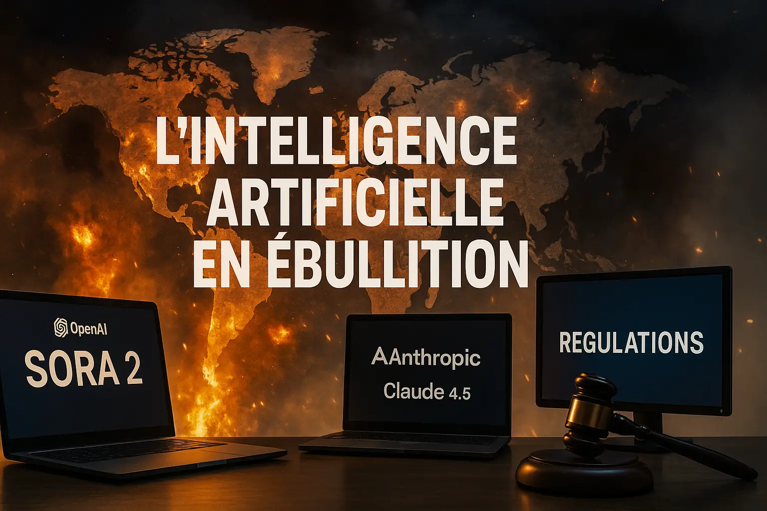Carte du monde en flammes symbolisant l’intelligence artificielle en ébullition, avec les écrans d’OpenAI Sora 2, Anthropic Claude 4.5 et la régulation mondiale représentée par un marteau de justice.