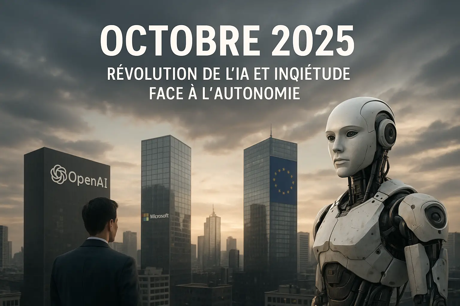 Illustration d’un robot humanoïde et d’un homme face à une ville dominée par les tours d’OpenAI, Microsoft et de l’Union européenne, symbolisant la révolution de l’IA et l’inquiétude face à son autonomie.